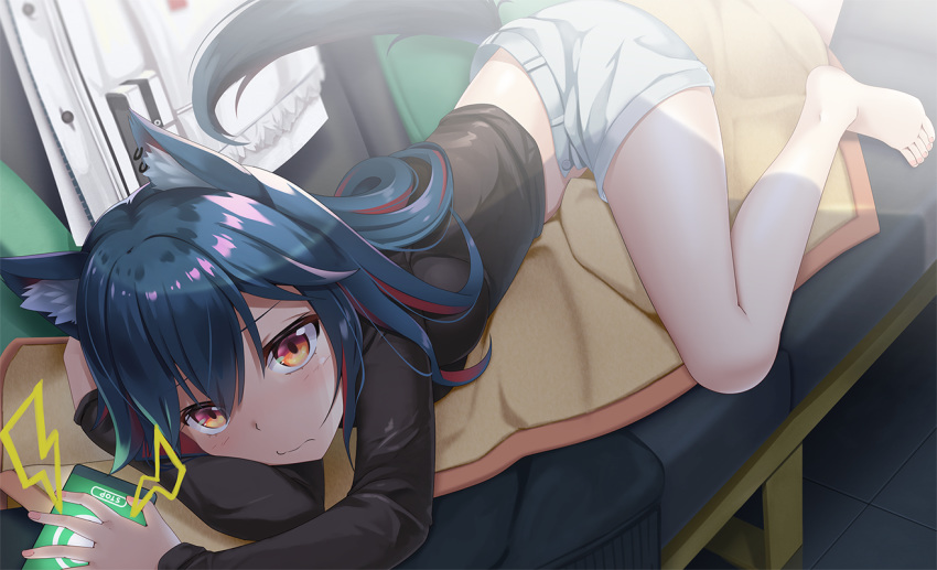 1girl animal_ear_fluff animal_ears arknights arms_up bangs barefoot black_shirt blue_hair blush breasts cellphone closed_mouth commentary_request couch eyebrows_visible_through_hair hair_between_eyes indoors jacket jacket_removed lightning_bolt long_hair long_sleeves looking_at_viewer lying medium_breasts multicolored_hair on_couch on_side phone red_eyes redhead shirt short_shorts shorts solo tail texas_(arknights) tile_floor tiles two-tone_hair wapokichi white_jacket white_shorts