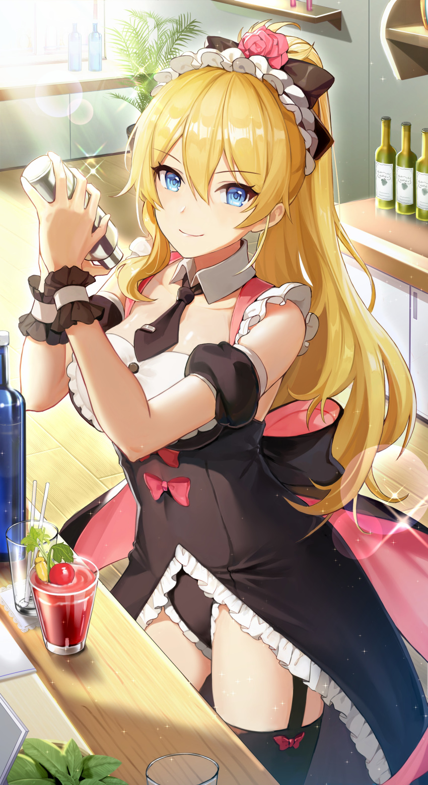 1girl absurdres alcohol alternate_costume black_dress black_legwear black_panties blonde_hair blue_eyes bottle bow breasts cup detached_collar detached_sleeves dress drink drinking_glass enmaided flower frilled_dress frilled_panties frills garter_straps girl_cafe_gun hair_between_eyes hair_bow hair_flower hair_ornament highres holding juno_emmons large_breasts lens_flare long_hair looking_at_viewer maid maid_headdress necktie official_art panties pink_bow ponytail puffy_short_sleeves puffy_sleeves rokuwata_tomoe short_necktie short_sleeves smile solo sparkle standing thigh-highs thighs underwear wrist_cuffs