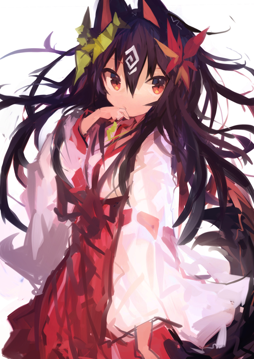 1girl absurdres animal_ears brown_hair brown_tail commentary_request copyright_request hair_between_eyes hair_ornament hakama highres japanese_clothes kaamin_(mariarose753) leaf looking_at_viewer miko red_eyes red_hakama simple_background tail