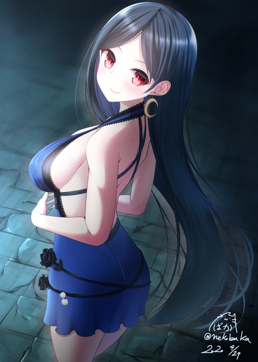 1girl bare_arms bare_shoulders black_flower black_hair black_rose blue_dress blush breasts closed_mouth commentary_request crescent crescent_earrings dated dress earrings final_fantasy final_fantasy_vii flower highres jewelry large_breasts long_hair looking_at_viewer looking_to_the_side nekobaka red_eyes rose sideboob signature sleeveless sleeveless_dress smile solo standing tifa_lockhart twitter_username very_long_hair