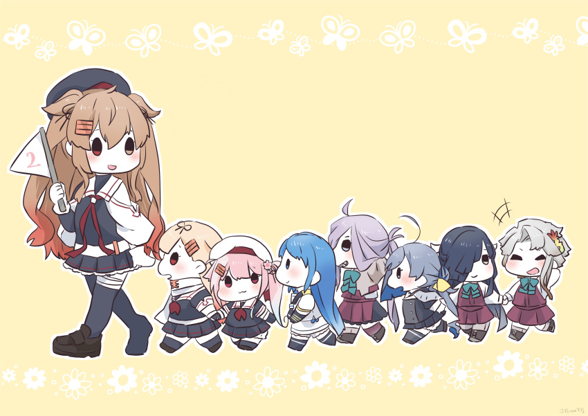 6+girls :3 absurdres ahoge akishimo_(kantai_collection) asashimo_(kantai_collection) asymmetrical_clothes asymmetrical_hair asymmetrical_legwear bangs black_gloves black_hair blonde_hair blue_hair blush bug butterfly chibi closed_eyes cosplay flag flower gloves gradient_hair grey_hair hair_ornament hair_over_one_eye hair_ribbon hairclip harusame_(kantai_collection) hayashimo_(kantai_collection) heterochromia highres holding insect kantai_collection kiyoshimo_(kantai_collection) light_brown_hair long_hair multicolored_hair multiple_girls murasame_(kantai_collection) musashi_(kantai_collection) musashi_(kantai_collection)_(cosplay) nami_nami_(belphegor-5812) open_mouth pink_hair ponytail remodel_(kantai_collection) ribbon sailor_collar samidare_(kantai_collection) scarf school_uniform serafuku sharp_teeth side_ponytail silver_hair simple_background skirt smile teeth twintails two_side_up white_scarf yellow_background yuudachi_(kantai_collection)
