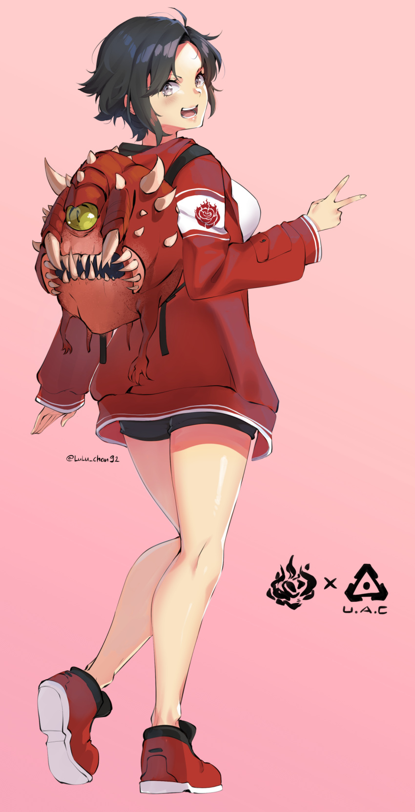 1girl absurdres backpack bag black_hair black_shorts breasts cacodemon doom_(game) full_body grey_eyes highres jacket large_breasts long_sleeves looking_at_viewer lulu-chan92 open_mouth pink_background pun red_footwear red_jacket ruby_rose rwby shirt shoes short_hair shorts simple_background smile solo v white_shirt