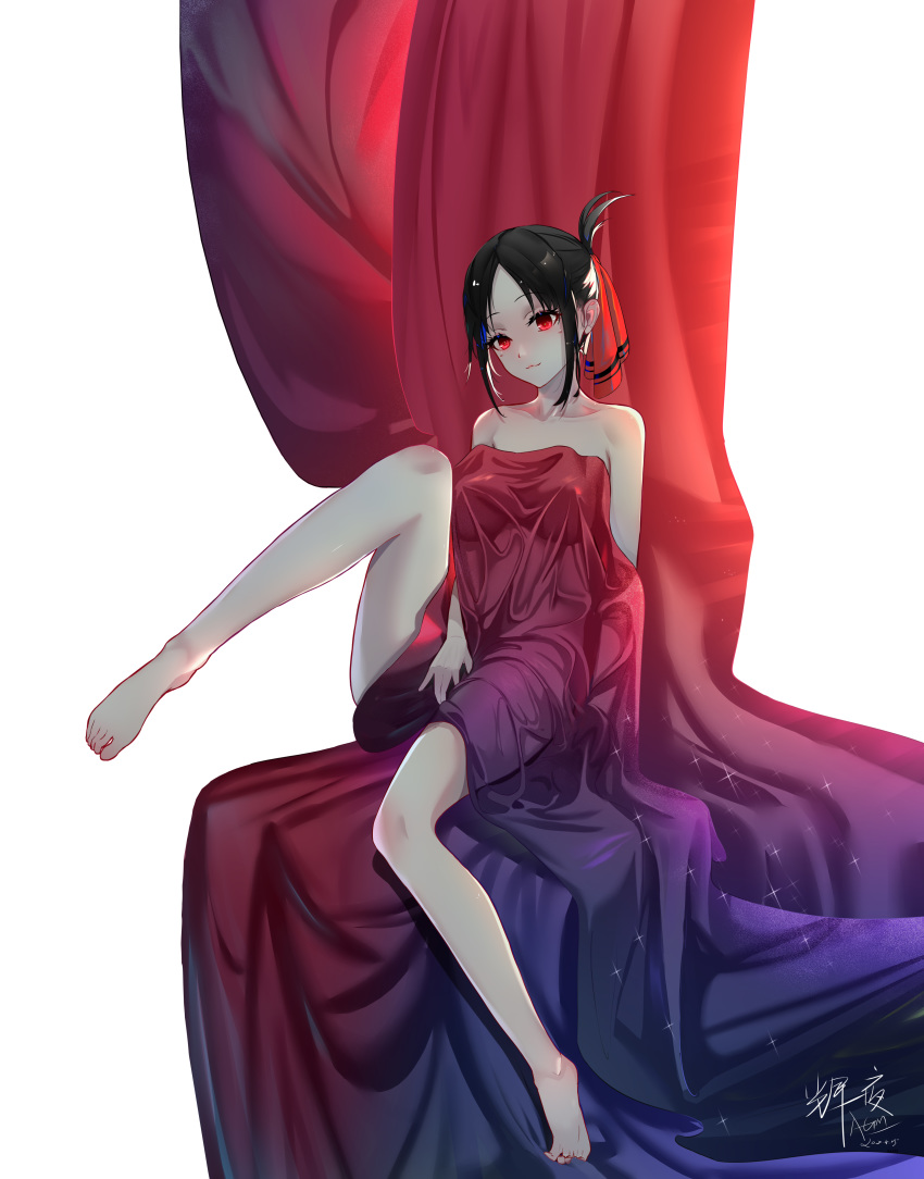 1girl absurdres bad_id bad_pixiv_id bangs bare_legs bare_shoulders barefoot black_hair collared_dress dress eyebrows_visible_through_hair feet folded_ponytail hair_ribbon highres kaguya-sama_wa_kokurasetai_~tensai-tachi_no_renai_zunousen~ okawaii_koto omone_hokoma_agm parted_bangs red_background red_eyes ribbon shinomiya_kaguya