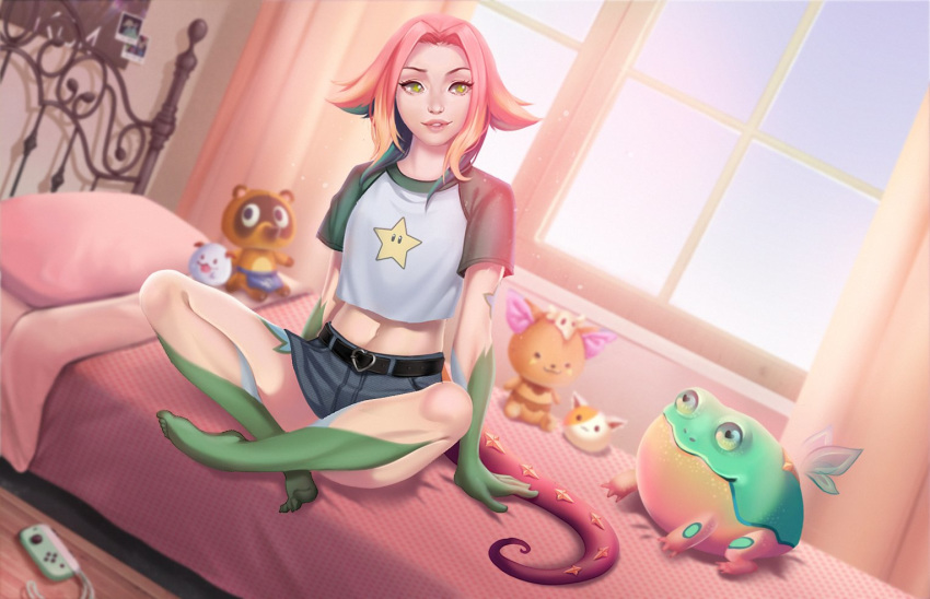 1girl barefoot bed belt blood_n_sugar curtains doubutsu_no_mori gnar_(league_of_legends) green_eyes green_hair heart indoors k/da_(league_of_legends) league_of_legends multicolored multicolored_hair navel neeko_(league_of_legends) nintendo_switch on_bed parted_lips pillow pink_hair poro_(league_of_legends) sitting sitting_on_bed solo tail window