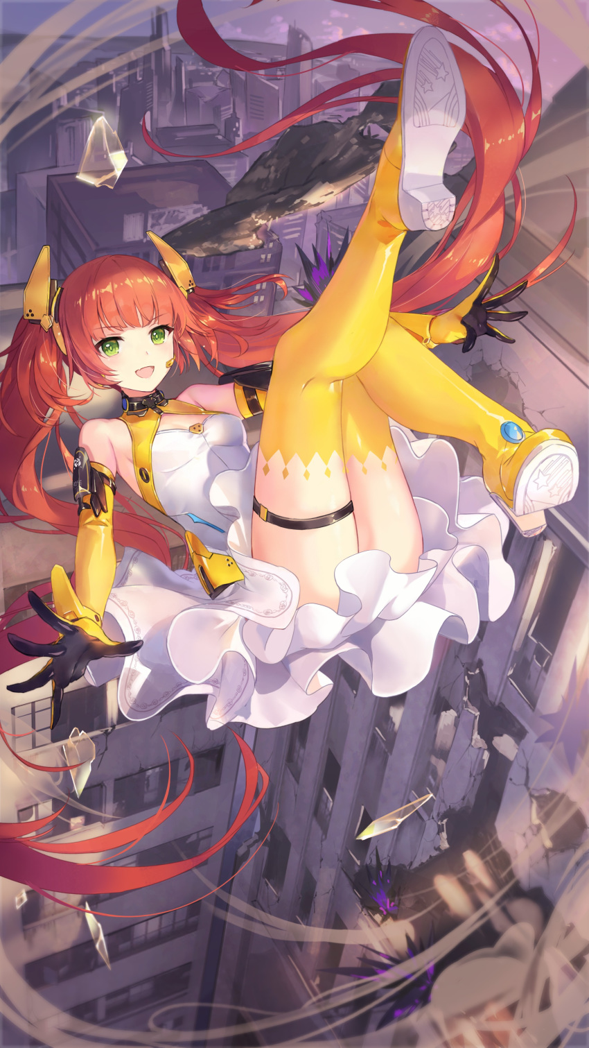 1girl :d absurdres armpits bare_shoulders boots breasts building criin crystal dress elbow_gloves girl_cafe_gun gloves green_eyes hair_ornament highres legs_up long_hair looking_at_viewer midair official_art open_mouth orange_hair rococo_(girl_cafe_gun) sleeveless sleeveless_dress small_breasts smile solo thigh-highs thigh_boots thigh_strap thighs twintails very_long_hair white_dress yellow_footwear