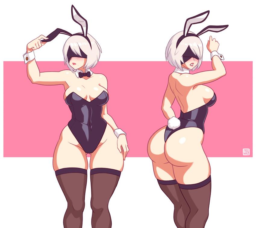 1girl absurdres black_blindfold black_leotard blindfold bow bowtie breasts bunny_tail cuffs highres leotard lips looking_back medium_breasts mole mole_under_mouth nier_(series) nier_automata parted_lips rizdraws short_hair tail white_hair white_tail yorha_no._2_type_b