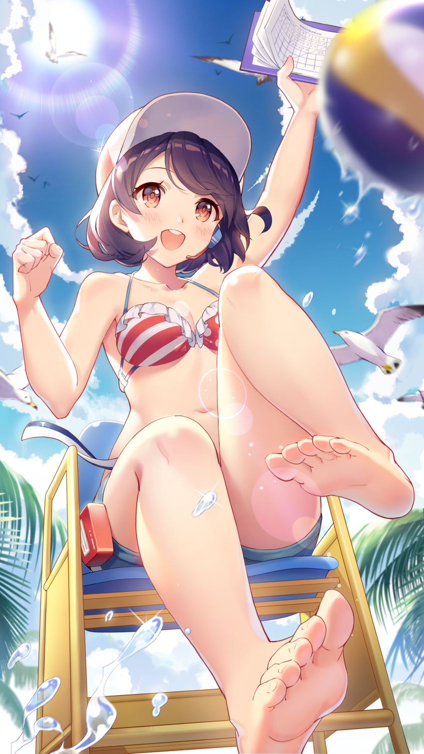1girl :d absurdres animal arm_up bare_arms bare_shoulders barefoot baseball_cap bikini bikini_top bird breasts clouds collarbone day denim denim_shorts feet frills girl_cafe_gun halter_top halterneck hand_up hat highres iritoa lens_flare lifeguard_chair medium_breasts motion_blur navel official_art open_mouth outdoors purple_hair red_eyes shi_wu_you short_hair short_shorts shorts sitting sky smile solo stomach striped striped_bikini sun sunlight swimsuit thighs volleyball water