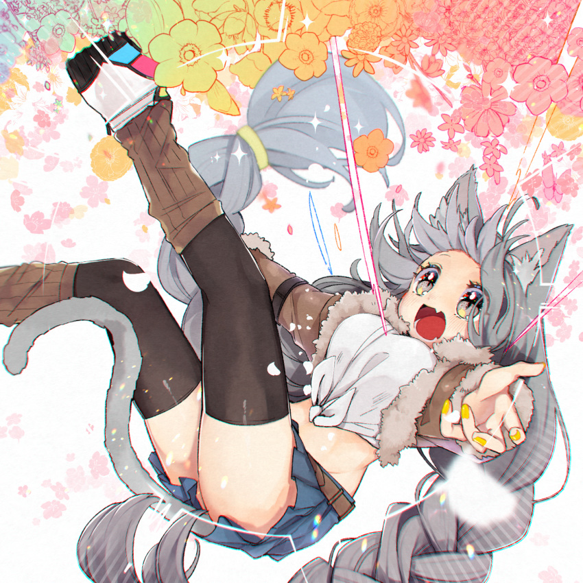 1girl :d ahoge animal_ears belt black_legwear blue_skirt braid breasts brown_jacket cat_ears cat_girl cat_tail crop_top cropped_jacket fang flower front-tie_top fur_trim highres jacket large_breasts legs_up long_hair long_sleeves looking_up midriff miniskirt nail_polish negi-mamire open_clothes open_jacket open_mouth original pleated_skirt shirt shoes skirt smile solo tail thigh-highs thighs twin_braids twintails very_long_hair white_shirt yellow_nails