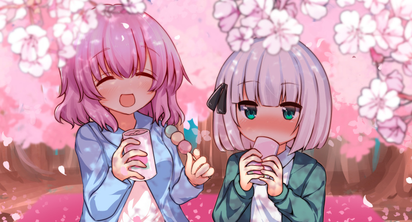 2girls :d alternate_costume arms_up bangs blue_jacket blunt_bangs blurry blurry_background blurry_foreground blush can casual cherry_blossoms closed_eyes commentary_request contemporary dango dappled_sunlight day drinking eyebrows_visible_through_hair facing_another food green_eyes hair_ribbon highres holding holding_can holding_food jacket konpaku_youmu looking_at_viewer multiple_girls open_clothes open_jacket open_mouth outdoors partial_commentary petals pink_hair pink_shirt ribbon rpameri saigyouji_yuyuko sanshoku_dango shirt short_hair silver_hair smile sunlight touhou tree upper_body wagashi