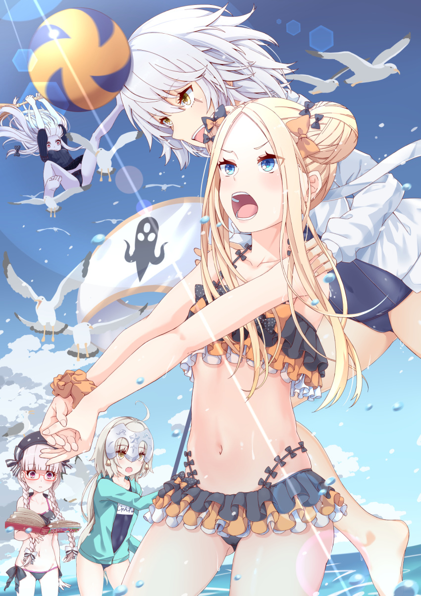 5girls abigail_williams_(fate/grand_order) bangs beach black_bow blonde_hair blue_eyes blue_sky bow breasts facial_scar fate/apocrypha fate/extra fate/grand_order fate_(series) forehead fumika_(moeshin) green_eyes hair_bow headpiece highres jack_the_ripper_(fate/apocrypha) jeanne_d'arc_(fate)_(all) jeanne_d'arc_alter_santa_lily lavinia_whateley_(fate/grand_order) long_hair multiple_bows multiple_girls nursery_rhyme_(fate/extra) orange_bow parted_bangs polka_dot polka_dot_bow scar scar_across_eye scar_on_cheek silver_hair sky small_breasts violet_eyes white_hair yellow_eyes