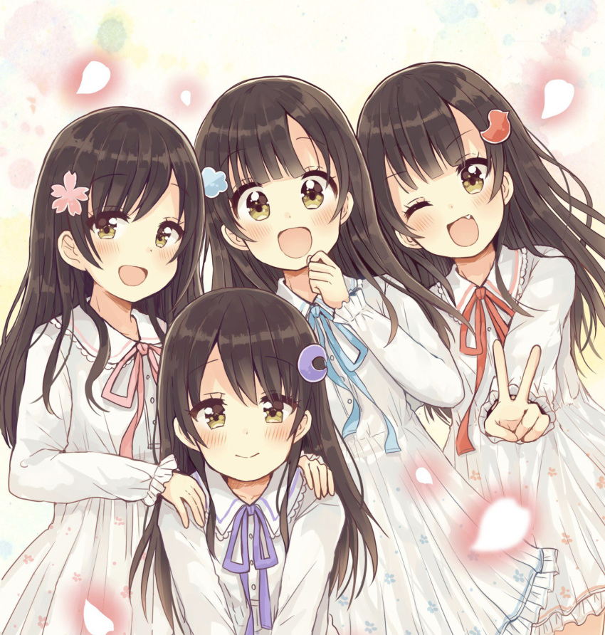 4girls :d ;d bangs blue_ribbon blush brown_eyes brown_hair cherry_blossoms closed_mouth collared_dress commentary_request crescent crescent_hair_ornament dress duck_hair_ornament eyebrows_visible_through_hair fang floral_print flower frilled_dress frills hair_between_eyes hair_flower hair_ornament hands_on_another's_shoulders highres long_hair long_sleeves multiple_girls neck_ribbon one_eye_closed open_mouth original petals pink_flower pink_ribbon pleated_dress print_dress purple_ribbon red_ribbon ribbon sakura_oriko sleeves_past_wrists smile v very_long_hair white_dress