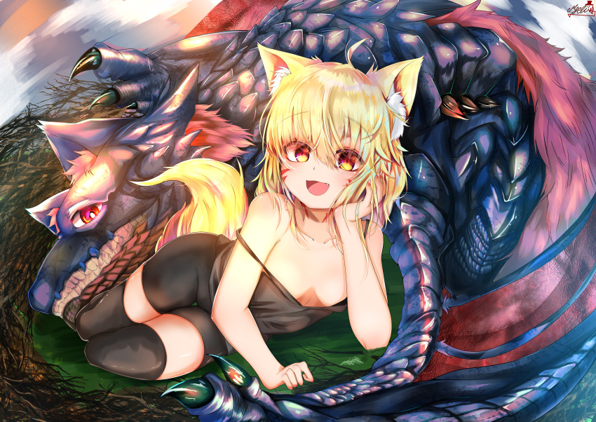 1girl :d absurdres animal_ears arm_support bike_shorts blonde_hair breasts camisole dragon facepaint fang fox_ears fox_girl fox_tail full_body highres huge_filesize medium_hair mister_eru open_mouth orange_eyes original small_breasts smile strap_slip tail thigh-highs