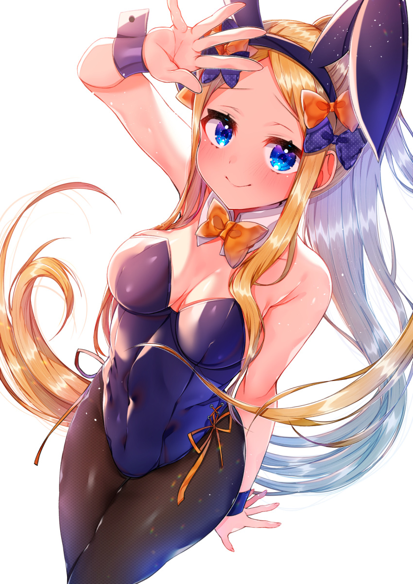 1girl abigail_williams_(fate/grand_order) akirannu animal_ears bangs black_bow black_leotard blonde_hair blue_eyes bow bowtie breasts bunnysuit closed_mouth covered_navel detached_collar fate/grand_order fate_(series) forehead hair_bow highleg highleg_leotard highres leotard light_particles long_hair multiple_bows orange_bow pantyhose parted_bangs ponytail rabbit_ears simple_background small_breasts smile solo strapless strapless_leotard thighs white_background wrist_cuffs