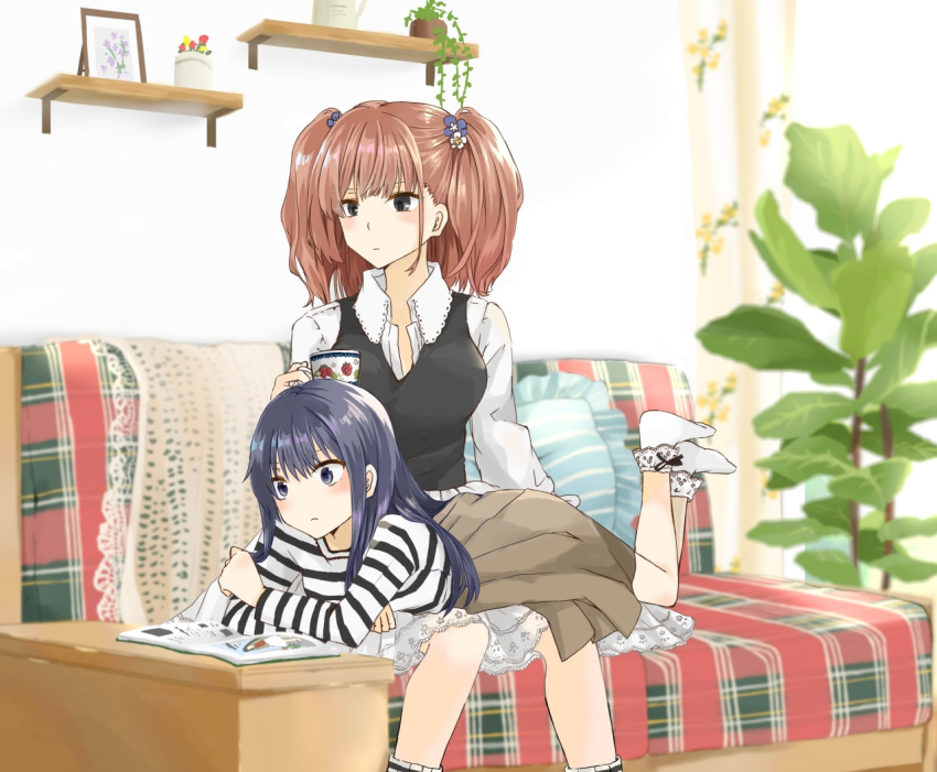 akatsuki_(kantai_collection) alternate_costume atlanta_(kantai_collection) black_legwear black_vest breasts brown_hair brown_skirt casual couch cup flower grey_eyes hair_flower hair_ornament holding holding_cup indoors kantai_collection large_breasts long_hair long_sleeves lying no_shoes on_stomach pleated_skirt purple_hair reading shirt sitting skirt socks striped striped_shirt teacup tenkasu_(a_cokp) two_side_up vest violet_eyes white_legwear white_shirt white_skirt