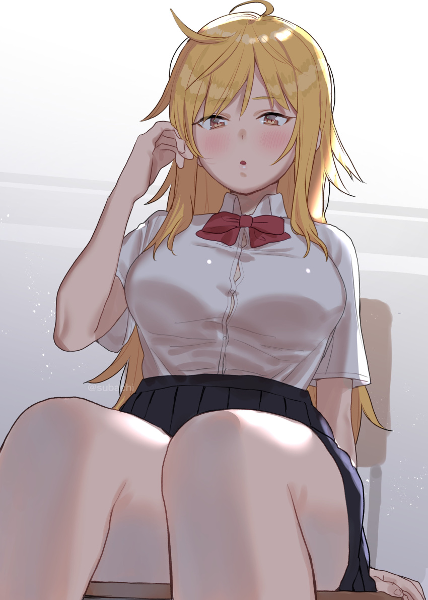 1girl :o absurdres ahoge arm_support bangs black_skirt blonde_hair blush bow breasts brown_eyes chair collared_shirt commentary_request dress_shirt eyebrows_visible_through_hair hair_between_eyes hand_up highres long_hair looking_at_viewer medium_breasts on_chair original parted_lips pleated_skirt red_bow school_chair school_uniform shirt short_sleeves sitting skirt solo subachi twitter_username very_long_hair white_shirt