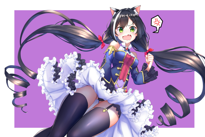 1girl agibe anger_vein angry animal_ear_fluff animal_ears ass_visible_through_thighs black_hair black_legwear black_panties blue_jacket blush breasts cat_ears clenched_hand commentary cowboy_shot detached_sleeves dress drill_hair eyebrows_visible_through_hair fang frilled_dress frilled_sleeves frills garter_straps green_eyes highres hug jacket kyaru_(princess_connect) long_hair looking_at_viewer medium_breasts off-shoulder_jacket open_mouth panties pantyshot princess_connect! princess_connect!_re:dive purple_background simple_background solo spoken_anger_vein thigh-highs thighs twin_drills twintails underwear wavy_mouth wind wind_lift