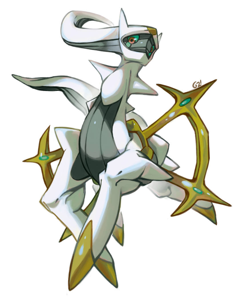 arceus brown_eyes commentary creature full_body gen_4_pokemon green_sclera highres mythical_pokemon no_humans pinkgermy pokemon pokemon_(creature) signature simple_background solo white_background