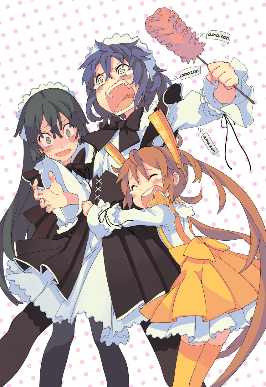 1boy 2girls :d @_@ absurdres aihara_enju alternate_costume amazon_(company) arm_up black_bow black_bowtie black_bullet blue_hair blush blush_stickers bow bowtie brown_hair character_request check_character commentary_request crossdressing dark_green_hair duster enmaided feet_out_of_frame furrowed_brow green_eyes hair_between_eyes happy height_difference highres holding holding_duster hug long_hair maid maid_headdress mibu_asaka morino_hon multiple_girls open_mouth pantyhose polka_dot polka_dot_background round_teeth satomi_rentarou simple_background smile tears teeth tongue twintails uvula very_long_hair waitress