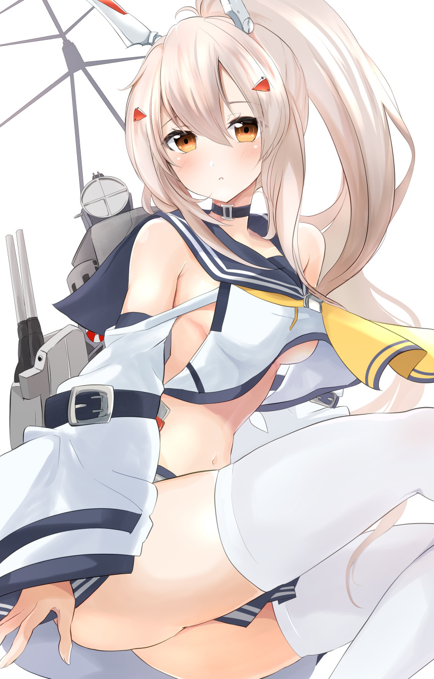 1girl absurdres armpit_crease ascot ayanami_(azur_lane) azur_lane black_choker blush breasts choker commentary detached_sleeves hair_between_eyes hair_ornament headpiece highres long_hair looking_at_viewer medium_breasts midriff navel orange_eyes parted_lips ponytail rigging sailor_collar sideboob silver_hair simple_background sitting skindentation solo sono_mata thigh-highs thighs turret white_background white_legwear wide_sleeves yellow_neckwear
