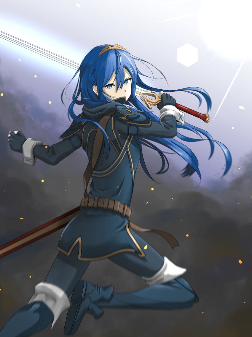 1girl absurdres black_gloves black_pants blue_eyes blue_hair falchion_(fire_emblem) fingerless_gloves fire_emblem fire_emblem_awakening floating_hair gloves hair_between_eyes hairband highres holding holding_sword holding_weapon long_hair long_sleeves looking_at_viewer lucina lucina_(fire_emblem) pants shiny shiny_hair solo straight_hair sword tim86231 very_long_hair weapon yellow_hairband