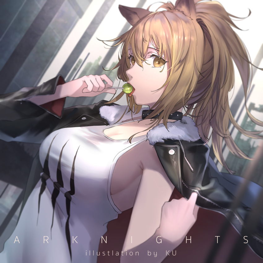 1girl absurdres animal_ears arknights artist_name black_choker black_jacket breasts brown_eyes brown_hair candy choker commentary copyright_name dutch_angle food fur-trimmed_jacket fur_trim hands_up highres holding holding_food jacket large_breasts lion_ears lollipop long_hair looking_at_viewer oekaki_taro siege_(arknights) solo tank_top tongue tongue_out upper_body white_tank_top