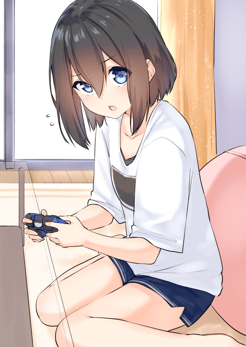 1girl bangs barefoot black_hair blue_eyes blue_shorts blush collarbone commentary_request controller curtains day eyebrows_visible_through_hair flying_sweatdrops game_controller glass_table hair_between_eyes highres holding indoors looking_at_viewer open_mouth original shirt short_shorts short_sleeves shorts sitting solo sunlight suzunari_shizuku table wariza white_shirt yuki_arare