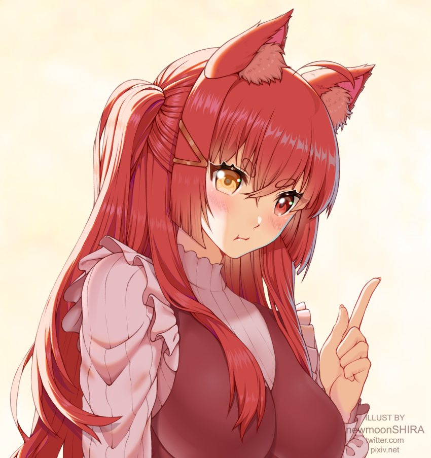 animal_ears artist_name blush breasts brown_eyes cat_ears closed_mouth eyebrows_visible_through_hair hair_between_eyes heterochromia highres index_finger_raised large_breasts long_hair long_sleeves looking_at_viewer newmoonshira original pout pouty_lips red_eyes redhead upper_body very_long_hair watermark web_address