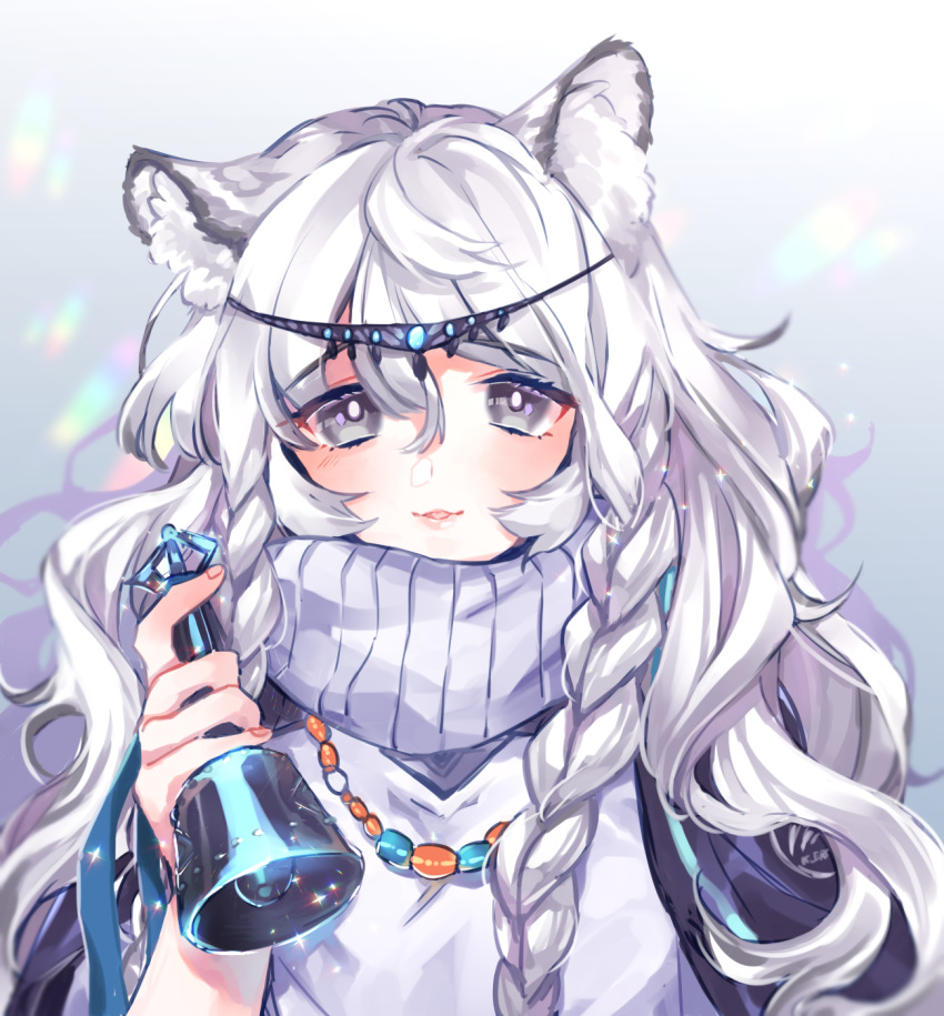 1girl animal_ear_fluff animal_ears arknights bangs bell blush braid commentary_request dress eyebrows_visible_through_hair gradient gradient_background grey_background grey_eyes hair_between_eyes hand_up head_chain hibarisann highres holding holding_bell leopard_ears long_hair looking_at_viewer parted_lips partial_commentary pramanix_(arknights) silver_hair solo turtleneck_dress twin_braids upper_body white_background white_dress