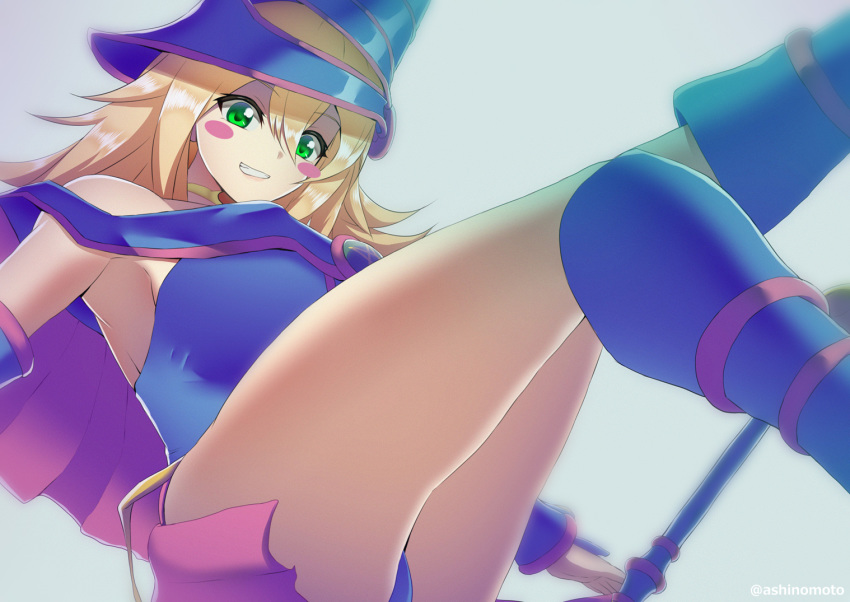 1girl armpits ashino_moto bangs blonde_hair blue_footwear blue_leotard boots breasts clenched_teeth dark_magician_girl eyebrows_visible_through_hair green_eyes grin hair_between_eyes knee_boots large_breasts leotard long_hair outstretched_arm shiny shiny_hair showgirl_skirt smile smug solo teeth yuu-gi-ou