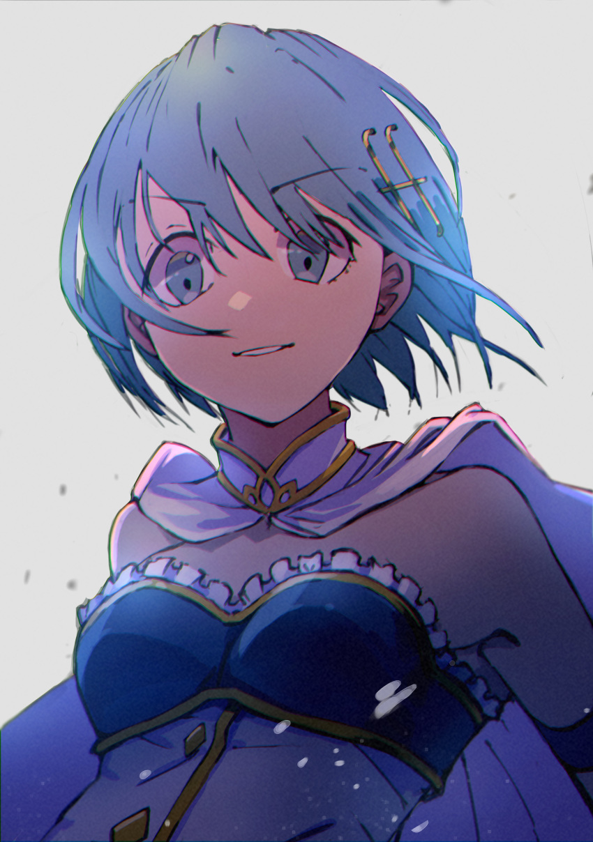 1girl absurdres arm_strap bangs blue_eyes blue_hair breasts cloak eyebrows_visible_through_hair floating_hair frills grey_background hair_between_eyes hair_ornament highres looking_at_viewer mahou_shoujo_madoka_magica miki_sayaka parted_lips short_hair sketch small_breasts solo strapless upper_body white_cloak yuki_kamakura