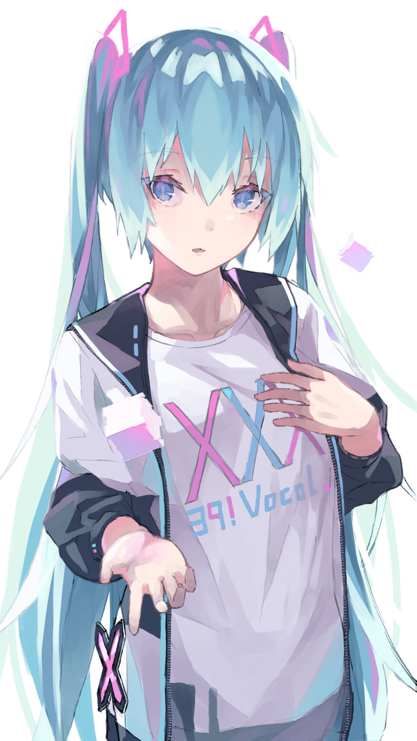 1girl 39 azarasi_haru bangs blue_eyes blue_hair copyright_name hair_between_eyes hair_ornament hatsune_miku highres jacket long_hair long_sleeves looking_at_viewer open_clothes open_jacket open_mouth print_shirt shirt simple_background solo standing twintails upper_body very_long_hair vocaloid white_background white_jacket white_shirt