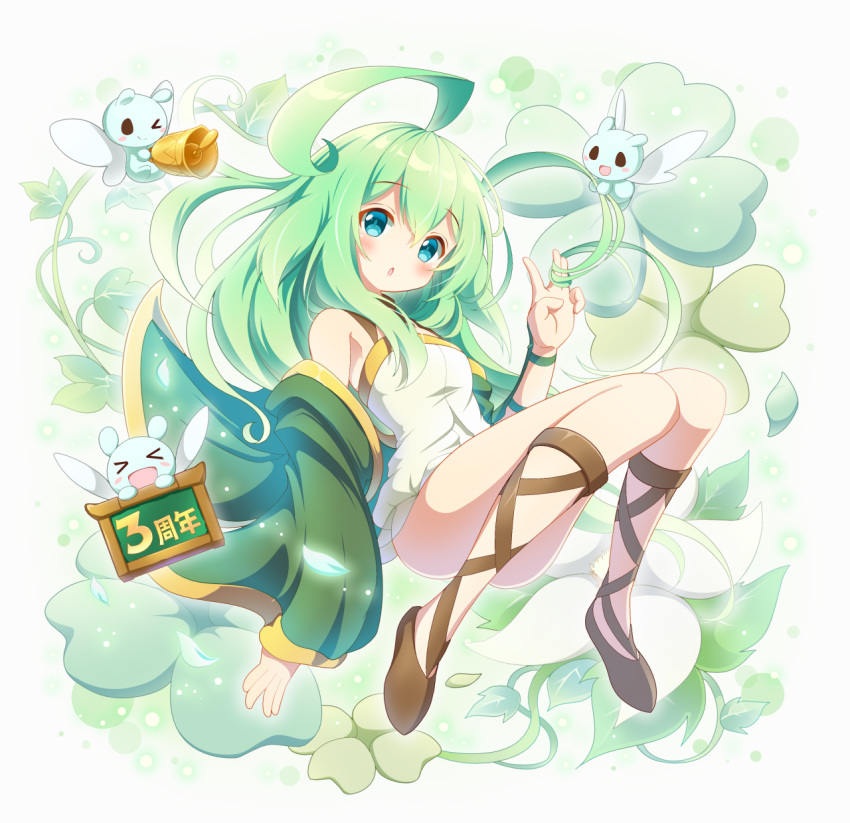 &gt;_&lt; 1girl :d ahoge aqua_eyes bell blush blush_stickers character_request clover commentary_request four-leaf_clover full_body green_hair highres last_period neru_(neruneruru) one_eye_closed open_mouth smile solo translation_request wings xd