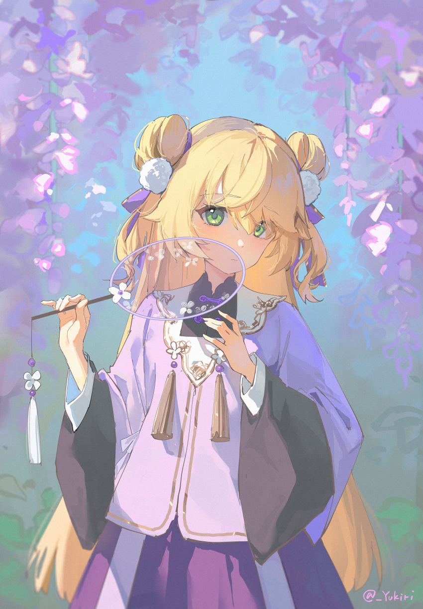 absurdres blonde_hair chinese_clothes double_bun dress fischl_(genshin_impact) flower genshin_impact hair_bun hand_fan highres japanese_clothes long_hair long_sleeves purple_dress purple_ribbon ribbon shy wide_sleeves wisteria yukiri_(l_ii)