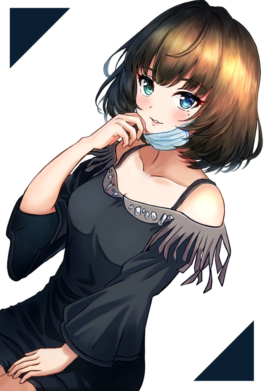 1girl bare_shoulders blush bob_cut breasts collarbone dress dutch_angle eyebrows_visible_through_hair green_dress hand_on_lap hand_to_own_mouth heterochromia highres idolmaster idolmaster_cinderella_girls mask mask_pull medium_hair mole mole_under_eye mouth_mask parted_lips pulled_by_self shorts small_breasts smile solo strap su77sty surgical_mask takagaki_kaede