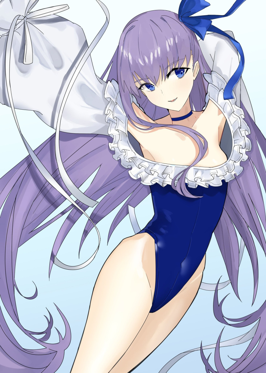 1girl arm_behind_head arms_up artist_request bangs bare_shoulders blue_background blue_eyes blue_ribbon breasts choker collarbone covered_navel fate/grand_order fate_(series) frills gradient gradient_background hair_ribbon highleg highleg_swimsuit highres long_hair long_sleeves looking_at_viewer meltryllis meltryllis_(swimsuit_lancer)_(fate) off-shoulder_swimsuit one-piece_swimsuit open_mouth puffy_sleeves purple_hair ribbon sleeves_past_fingers sleeves_past_wrists small_breasts smile solo swimsuit thighs very_long_hair white_ribbon