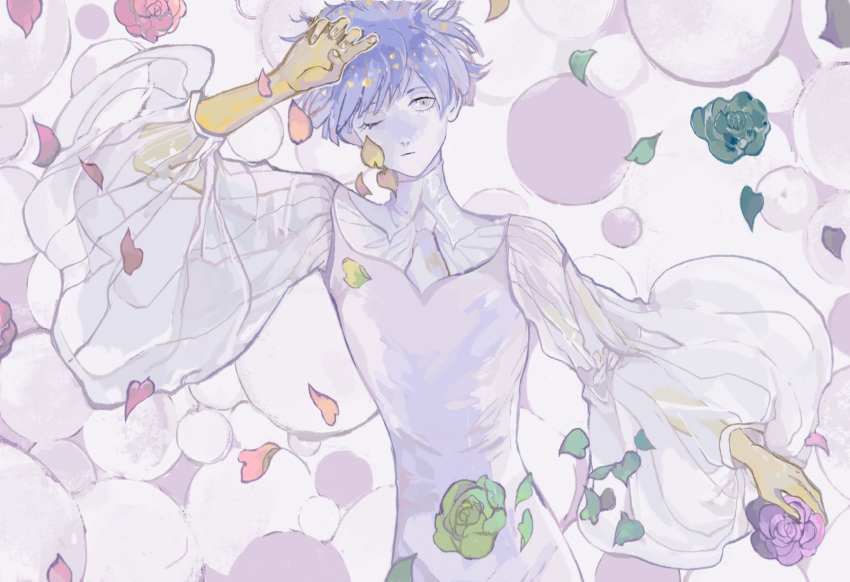 1other androgynous arm_at_side bangs blue_hair closed_mouth flower golden_arms green_flower green_rose grey_eyes highres holding holding_flower houseki_no_kuni long_sleeves looking_at_viewer lying necktie on_back pale_skin petals phosphophyllite phosphophyllite_(ll) puffy_long_sleeves puffy_sleeves purple_flower purple_rose red_flower red_rose rose see-through short_hair solo sunfish263 upper_body white_neckwear