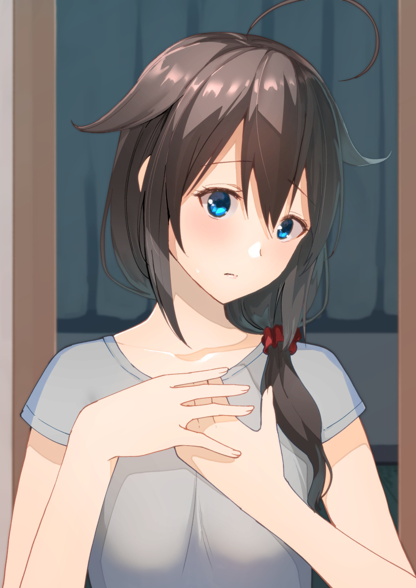 1girl ahoge alternate_costume black_hair blue_eyes casual commentary_request hair_flaps hair_over_shoulder hands_on_own_chest highres kantai_collection looking_at_viewer masukuza_j remodel_(kantai_collection) shigure_(kantai_collection) solo t-grey_blouse upper_body