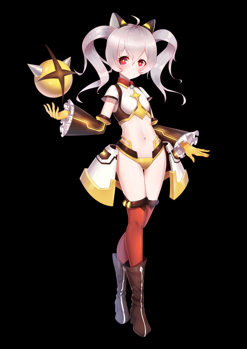1girl absurdres ahoge armor bikini_armor black_background black_footwear boots crop_top crossed_legs detached_sleeves drone faulds flat_chest frilled_sleeves frills full_body ge_zhong_kuaile girl_cafe_gun gloves high_heel_boots high_heels highres long_hair looking_at_viewer midriff navel red_eyes red_legwear silver_hair simple_background smile solo standing stomach thigh-highs thighs twintails watson_cross wing_collar yellow_gloves