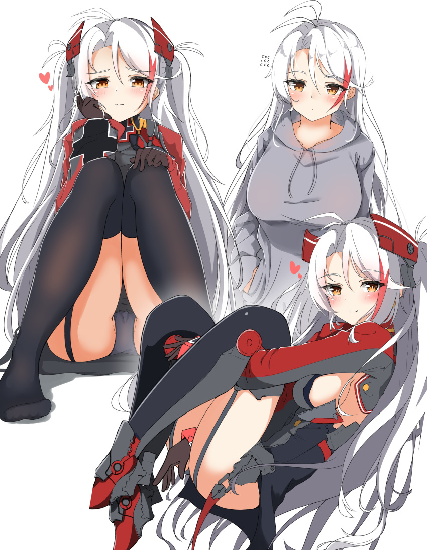 1girl absurdres ahoge ass azur_lane bangs black_legwear black_panties blush breasts brown_eyes brown_gloves closed_mouth commentary_request drawstring eyebrows_visible_through_hair flying_sweatdrops garter_straps gloves grey_footwear grey_hoodie grey_jacket hair_between_eyes hand_in_pocket hand_on_own_knee hands_up headgear heart highres hood hood_down hoodie jacket knees_together_feet_apart knees_up large_breasts leg_hug long_sleeves looking_at_viewer moyoron multicolored_hair multiple_views no_shoes panties parted_bangs prinz_eugen_(azur_lane) redhead rudder_footwear shadow shoes sideboob smile streaked_hair thigh-highs two_side_up underwear white_background white_hair