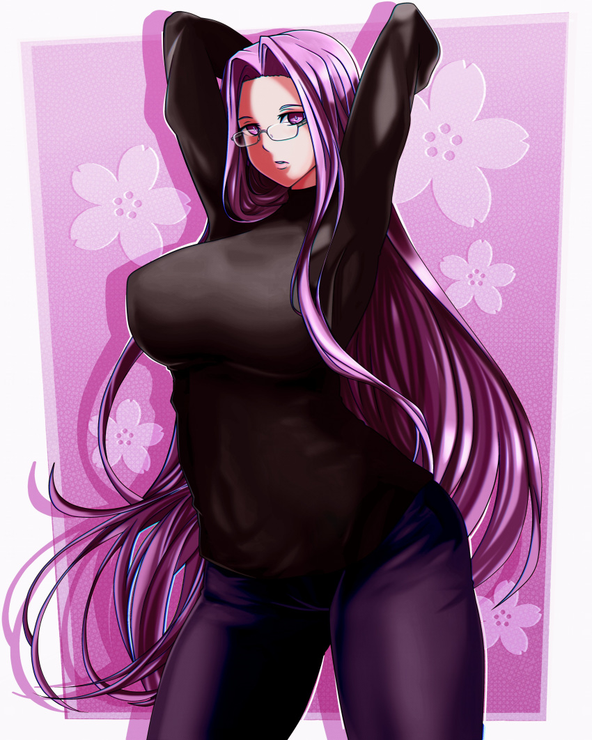 1girl absurdres black_sweater breasts demonx20 denim fate/hollow_ataraxia fate/stay_night fate_(series) glasses heaven's_feel highres jeans large_breasts long_hair looking_at_viewer pants purple_hair purple_pants rider solo sweater thigh-highs very_long_hair violet_eyes