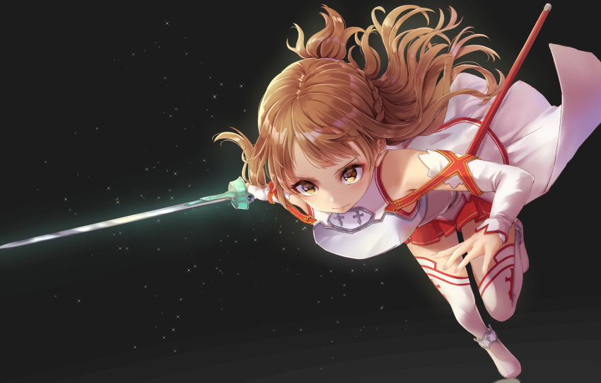 1girl asuna_(sao) bangs bent_over black_background boots braid breastplate brown_hair cape closed_mouth crown_braid detached_sleeves floating_hair funyariko highres holding holding_sword holding_weapon long_hair long_sleeves miniskirt pleated_skirt red_skirt running shiny shiny_hair skirt solo sword sword_art_online thigh-highs thigh_boots very_long_hair waist_cape weapon white_cape white_footwear white_sleeves yellow_eyes