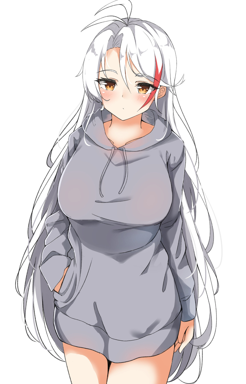 1girl absurdres antenna_hair azur_lane bangs blush breasts brown_eyes closed_mouth drawstring eyebrows_visible_through_hair grey_hoodie hair_between_eyes hand_in_pocket highres hood hood_down hoodie large_breasts long_hair long_sleeves looking_at_viewer moyoron multicolored_hair parted_bangs prinz_eugen_(azur_lane) redhead simple_background sleeves_past_wrists solo streaked_hair very_long_hair white_background white_hair