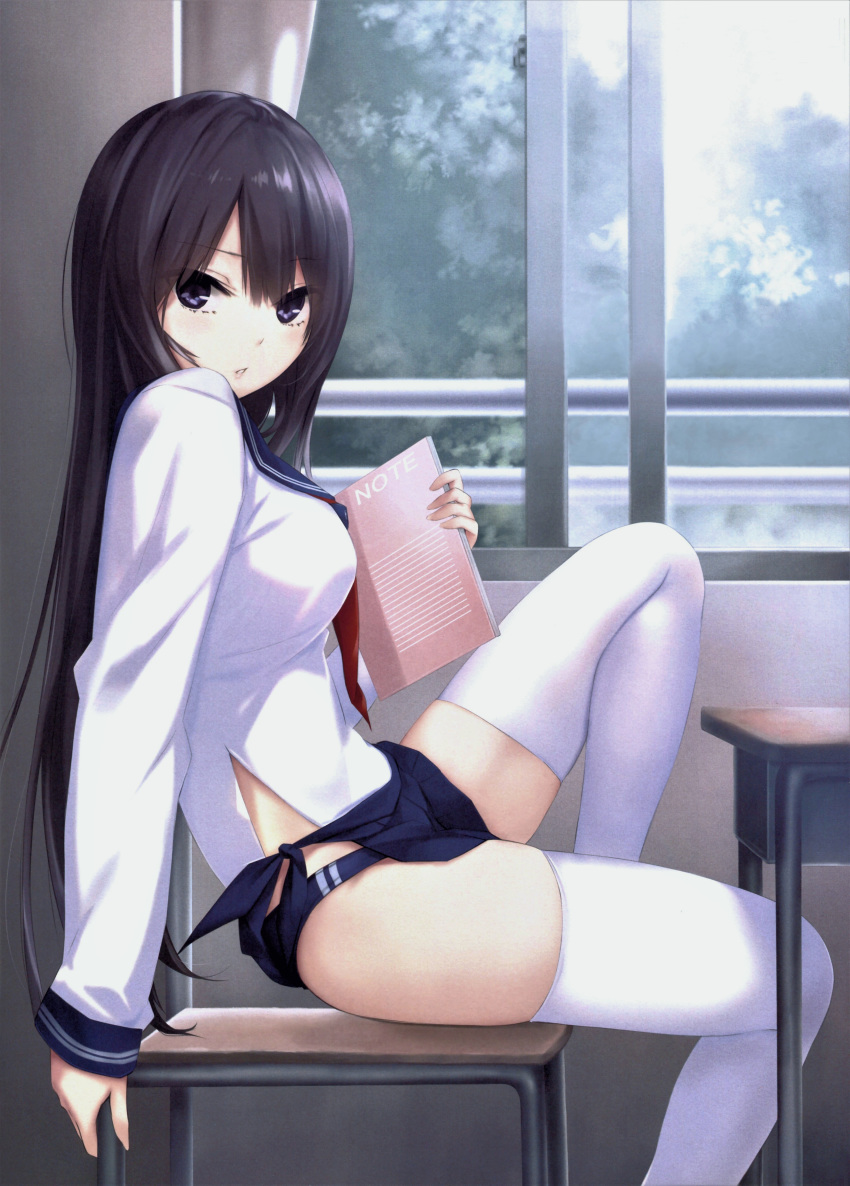 1girl absurdres bangs black_hair blue_eyes blue_skirt breasts buruma buruma_under_skirt chair coffee-kizoku day desk eyebrows_visible_through_hair from_side highres holding indoors knee_up lips long_hair long_sleeves looking_at_viewer medium_breasts original parted_lips scan school_desk school_uniform shiny shiny_hair shiramine_rika simple_background sitting skirt solo thigh-highs thighs white_legwear window