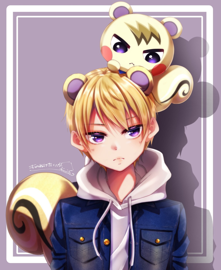 1boy animal_ears animal_on_head artist_name artist_request bangs blonde_hair blue_jacket commentary_request doubutsu_no_mori frown highres hood hoodie jacket jun_(doubutsu_no_mori) looking_at_viewer on_head personification short_hair squirrel squirrel_boy squirrel_ears squirrel_tail tail violet_eyes white_hoodie