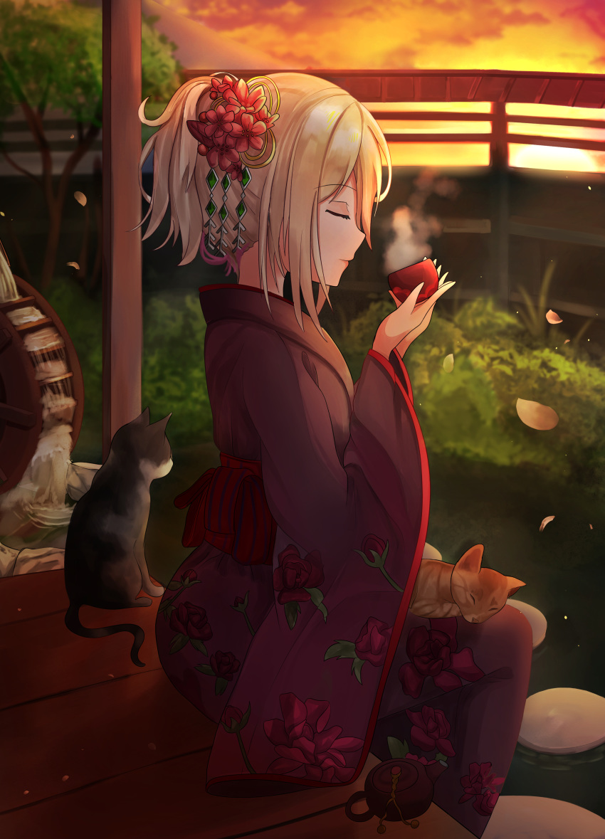 1girl absurdres animal_on_lap bangs black_kimono blonde_hair cat cat_on_lap closed_eyes closed_mouth cup dusk eyebrows_visible_through_hair fate/grand_order fate_(series) floral_print flower hair_between_eyes hair_flower hair_ornament hairpin highres holding holding_cup japanese_clothes kimono lemontea_(ekvr5838) long_sleeves okita_souji_(fate) okita_souji_(fate)_(all) outdoors petals print_kimono profile red_flower shiny shiny_hair short_hair sitting solo tied_hair wide_sleeves yukata