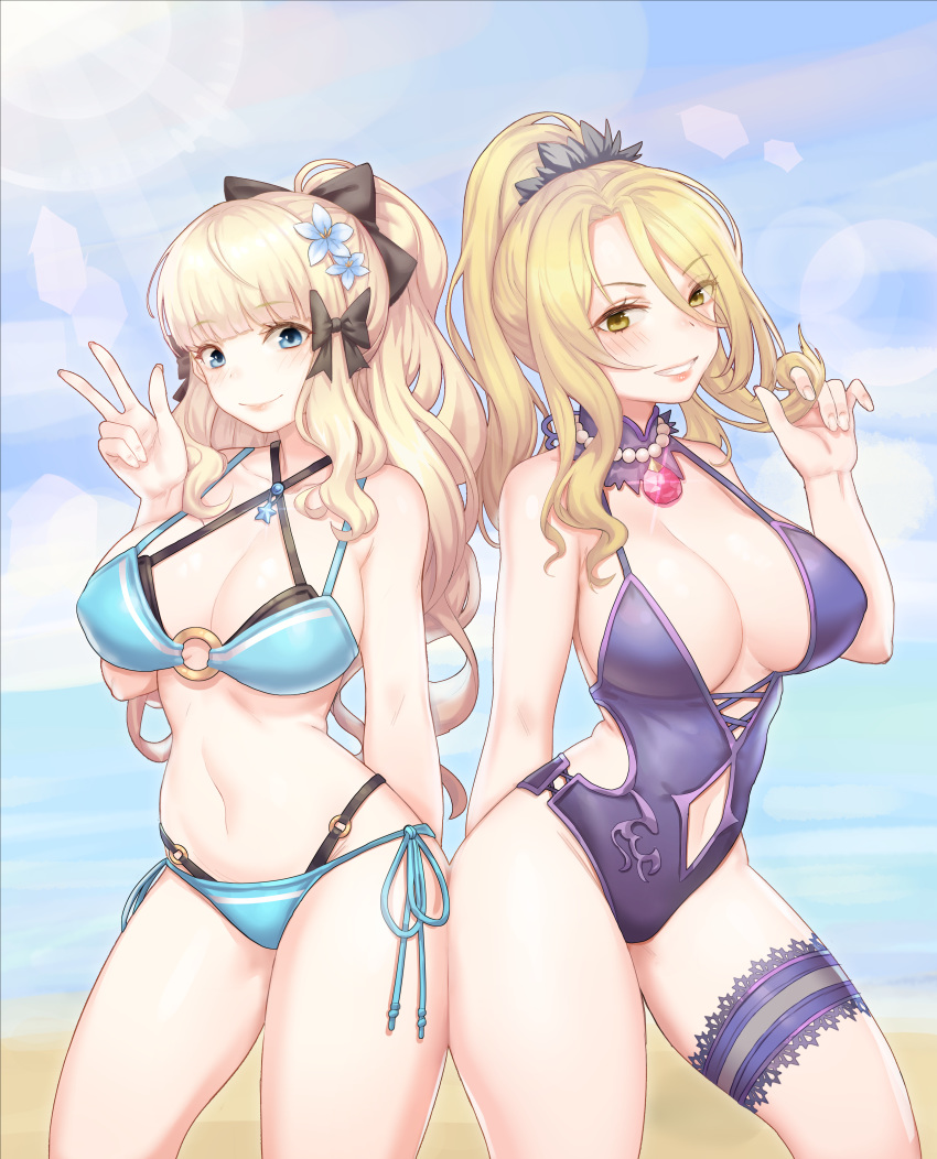 2girls absurdres arm_behind_back bangs beach bikini black_bikini black_bow blonde_hair blue_bikini blue_eyes blunt_bangs blush bow breasts center_opening choker christina_morgan closed_mouth criss-cross_halter day eyebrows_visible_through_hair flower gem hair_between_eyes hair_bow hair_flower hair_ornament hair_twirling halterneck high_ponytail highres jewelry large_breasts layered_bikini leg_garter lens_flare long_hair looking_at_viewer mochirong multiple_girls navel navel_cutout necklace o-ring o-ring_bikini o-ring_bottom o-ring_top ocean outdoors parted_bangs parted_lips pearl_necklace ponytail princess_connect! princess_connect!_re:dive purple_choker purple_swimsuit sasaki_saren side-tie_bikini smile stomach sun swimsuit very_long_hair w yellow_eyes