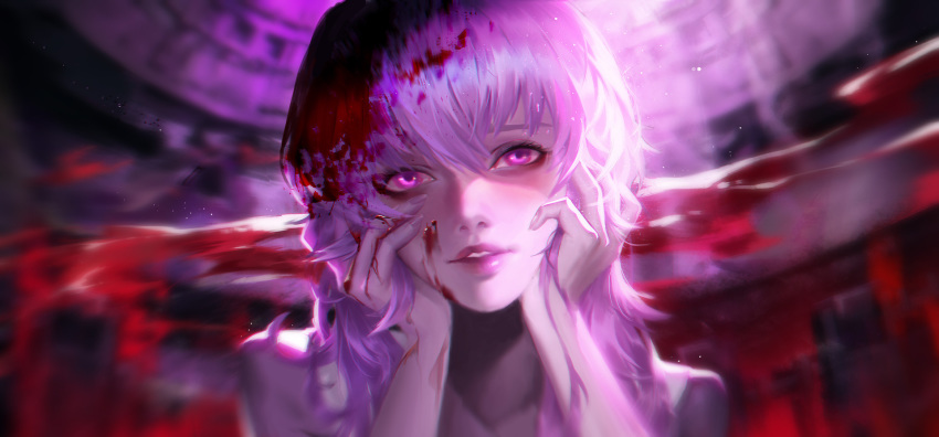 1girl backlighting blood blood_on_face gasai_yuno hands_on_own_cheeks hands_on_own_face highres lips long_hair looking_at_viewer mirai_nikki mxz15926 nose parted_lips pink_eyes pink_hair solo upper_body yandere_trance