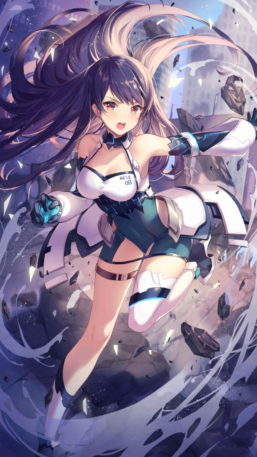 1girl armpits asymmetrical_legwear bare_shoulders breasts choker criin day debris detached_sleeves floating_hair girl_cafe_gun gloves halterneck highres leg_up leotard long_hair looking_at_viewer medium_breasts official_art open_mouth outdoors purple_hair red_eyes rock shi_wuxia solo thigh_strap v-shaped_eyebrows very_long_hair wind