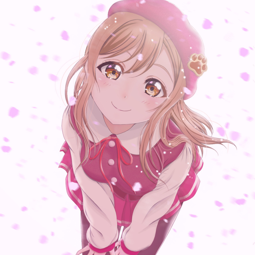 1girl bangs beret blush brown_hair cherry_blossoms h.i.t_(59-18-45) hat highres kunikida_hanamaru leaning_forward leaning_over long_hair looking_at_viewer love_live! love_live!_sunshine!! neckwear open_mouth pantyhose pleated_skirt red_headwear red_neckwear school_uniform skirt smile solo yellow_eyes
