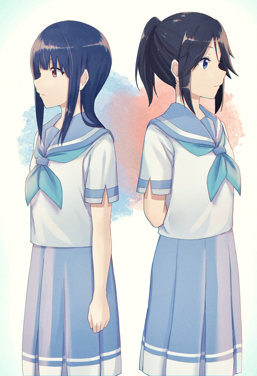 2girls arms_at_sides arms_behind_back bangs black_hair blue_eyes blue_hair blue_neckwear blue_sailor_collar blue_skirt blunt_bangs closed_mouth expressionless eyebrows_visible_through_hair from_side hibike!_euphonium highres kasaki_nozomi kitauji_high_school_uniform liz_to_aoi_tori long_hair looking_afar matarasu_(aaaaaaaaj) medium_skirt multicolored multicolored_background multiple_girls neckerchief pleated_skirt profile red_eyes sailor_collar school_uniform serafuku shirt short_hair short_ponytail sidelocks skirt smile white_shirt yoroizuka_mizore